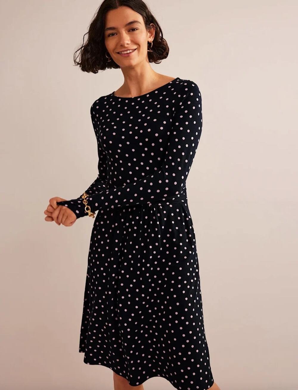 Boden Abigail Long sleeve Jersey Polka Dot Dress Black Pink 14R Office Twee